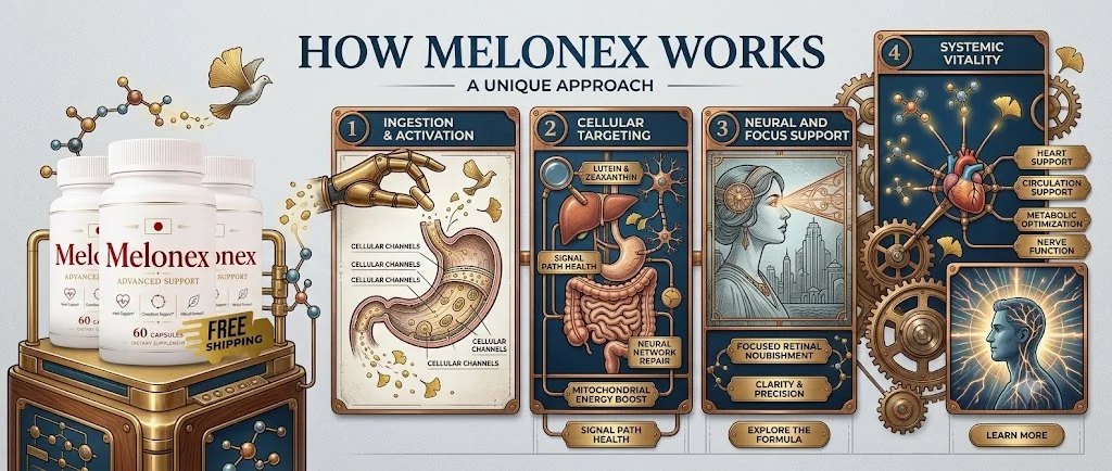 Brand infographic: how Melonex works in four steps, ingestion and activation, cellular targeting, neural and focus support, and systemic vitality