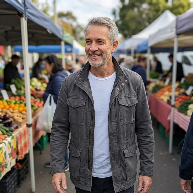Illustrative photo of a smiling man walking through a farmers market
